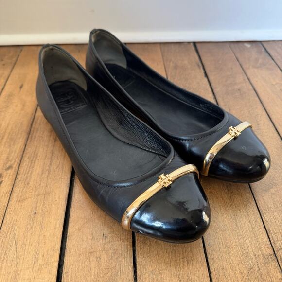 Tory Burch Pacey Black Patent Cap Toe Leather Ballet Flats 8.5
